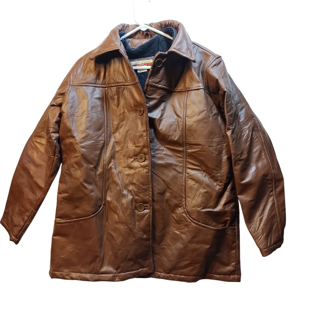 VTG Tudor Court Mens Patchwork Leather Jacket Brown Button Front Lined 28" x 45"